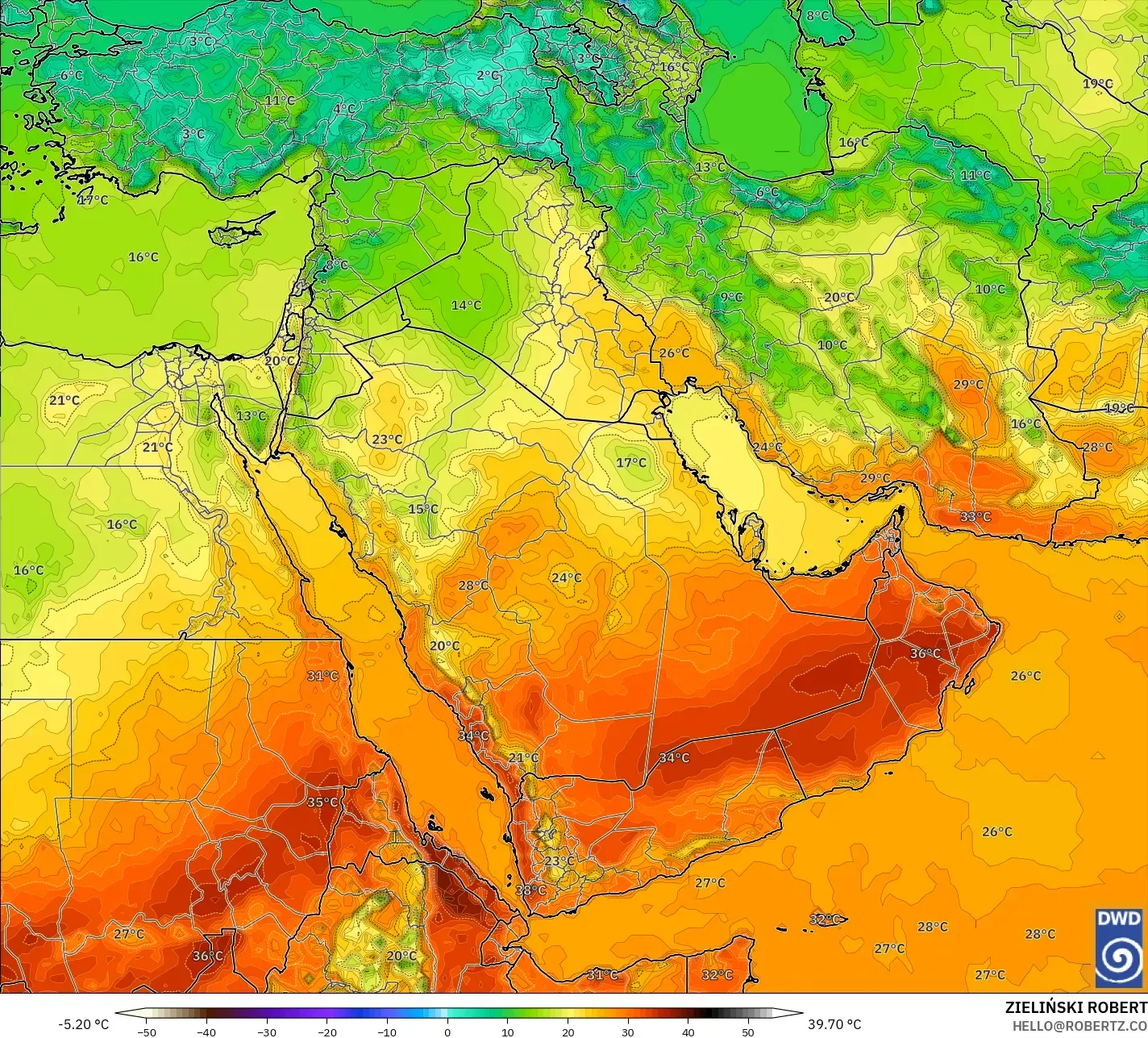 ICON modelo - Oriente Medio, Temperatura a 2 m