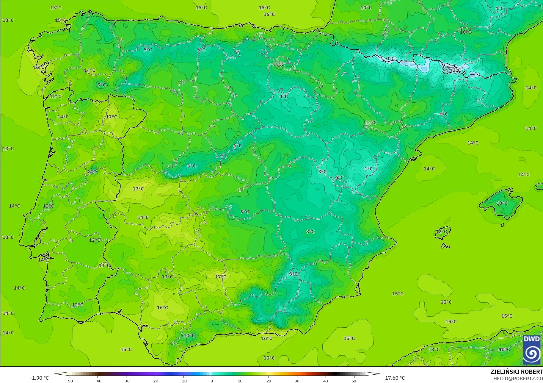 ICON modelo - España, Temperatura a 2 m