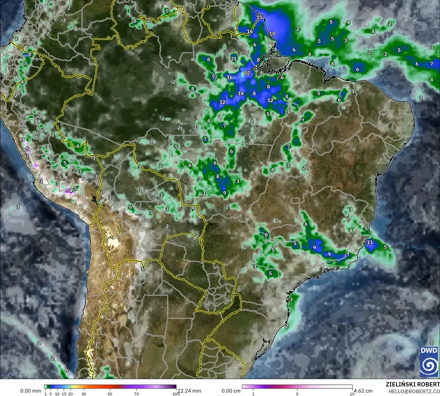 ICON modelo - Brasil, Precipitación, nubes y presión