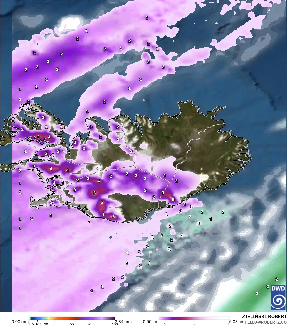 ICON modelo - Islandia, Precipitación, nubes y presión