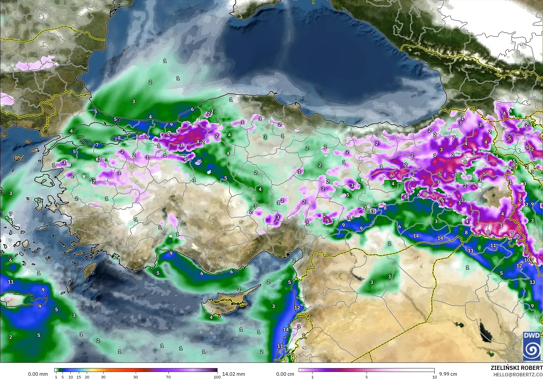 ICON modelo - Turquía, Precipitación, nubes y presión
