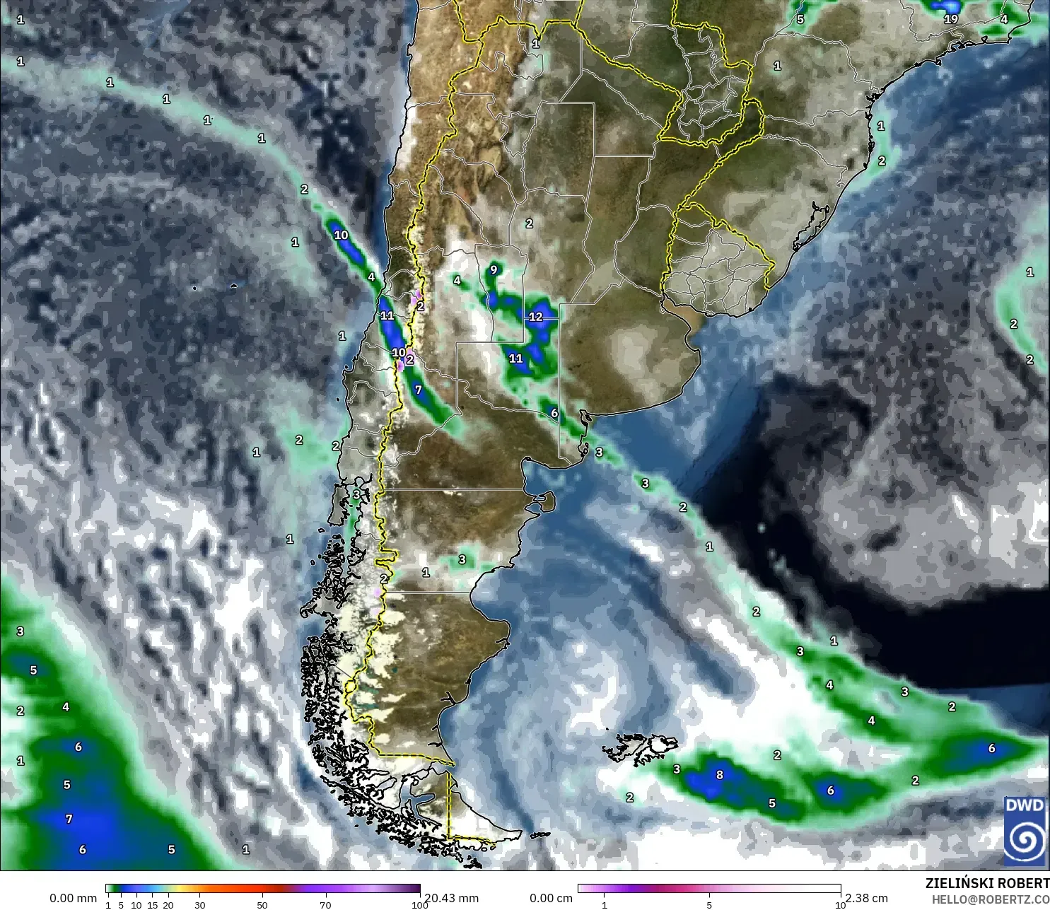 ICON modelo - Argentina, Precipitación, nubes y presión