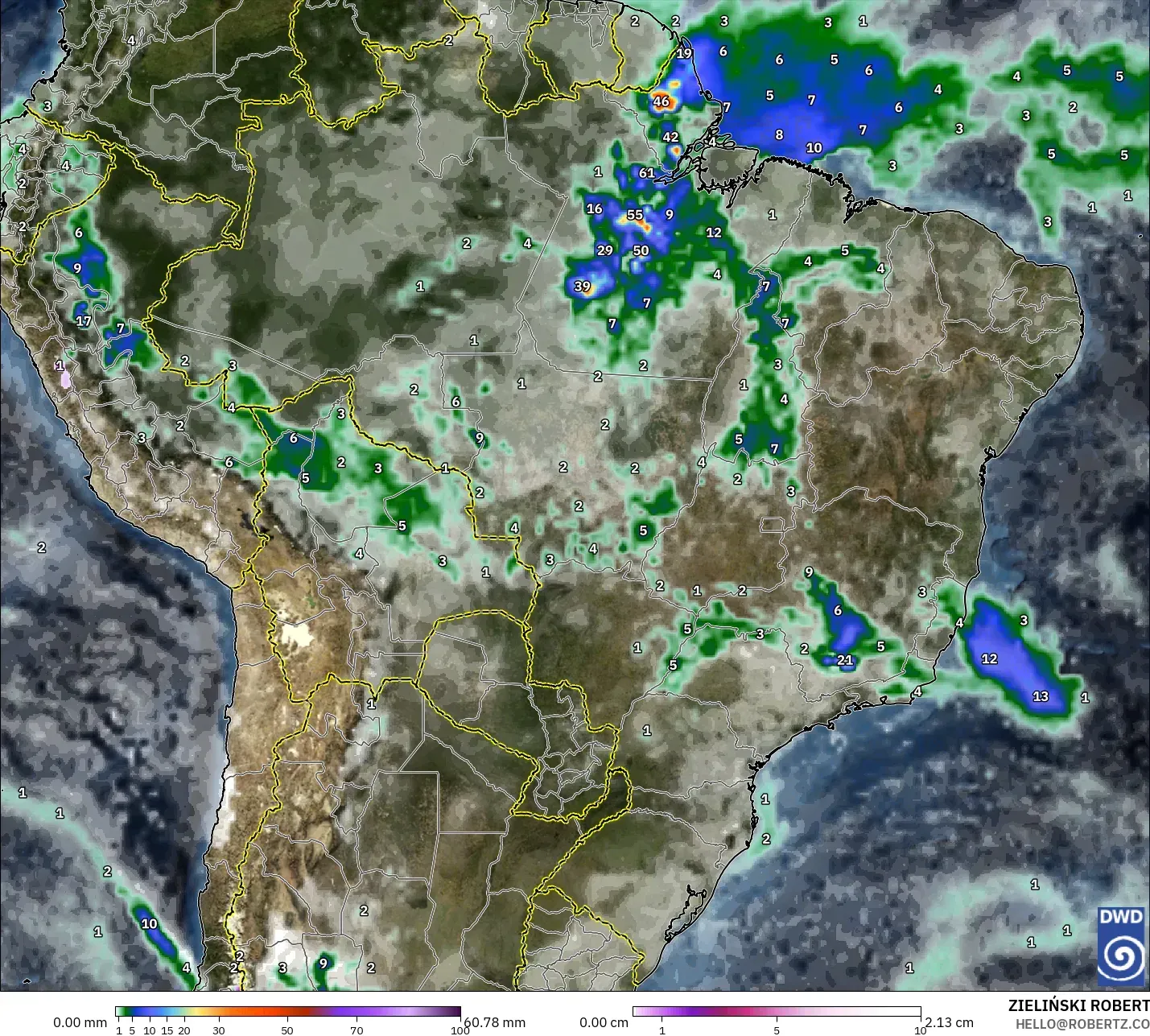 ICON modelo - Brasil, Precipitación, nubes y presión