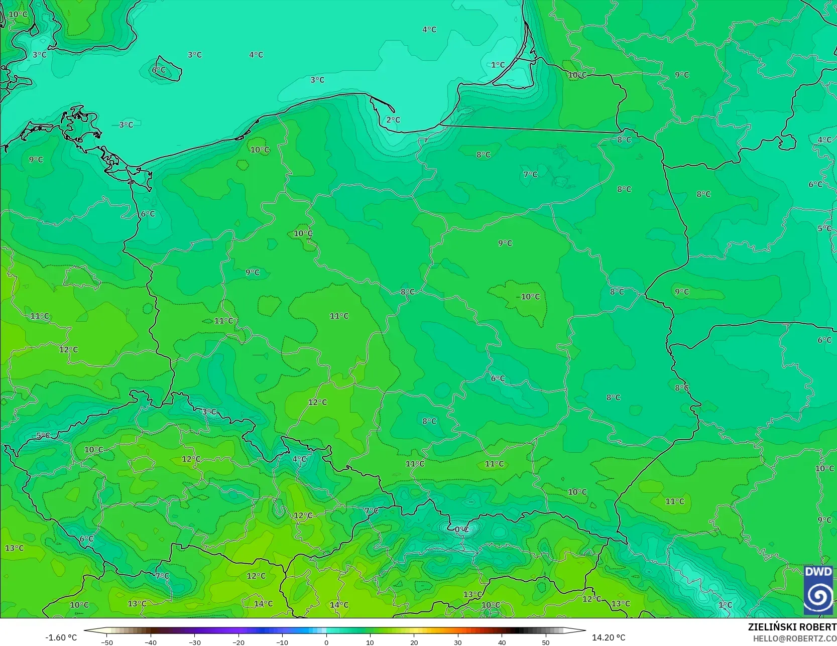 ICON modelo - Polonia, Temperatura a 2 m