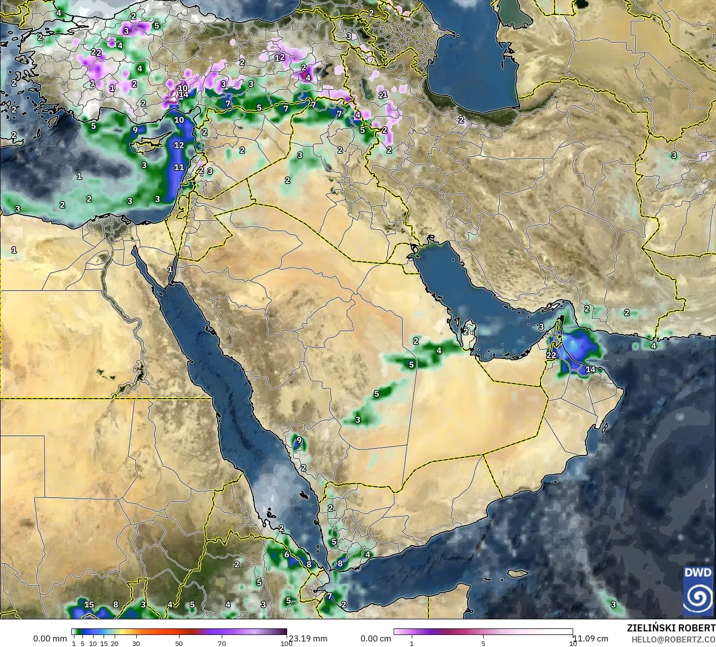 ICON modelo - Oriente Medio, Precipitación, nubes y presión