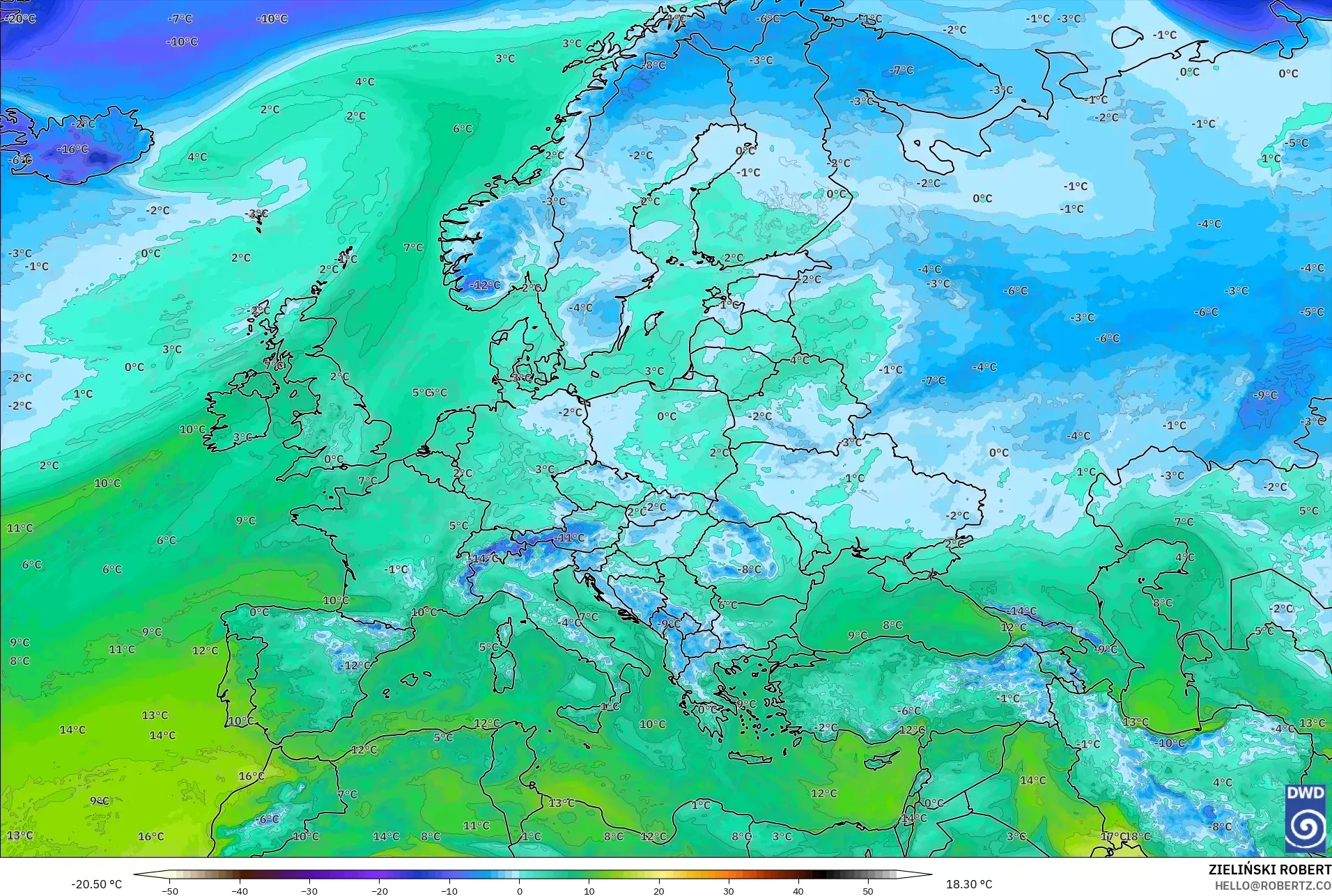 ICON modelo - Europa, Punto de rocío a 2 m