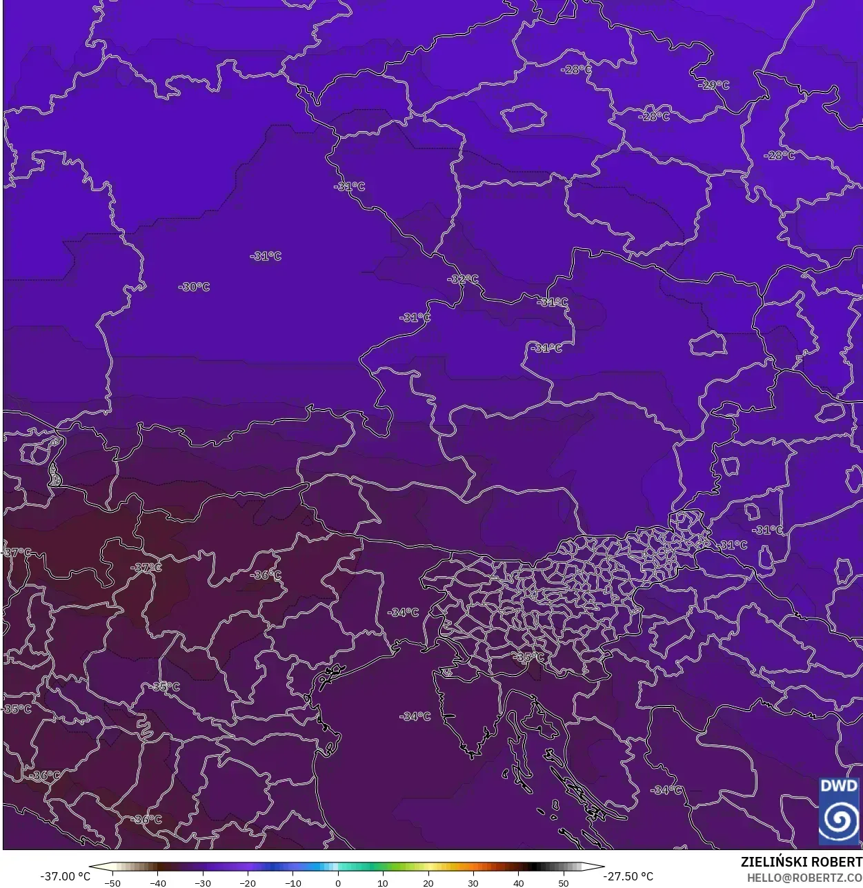 ICON modelo - Austria, Temperatura a 500 hPa