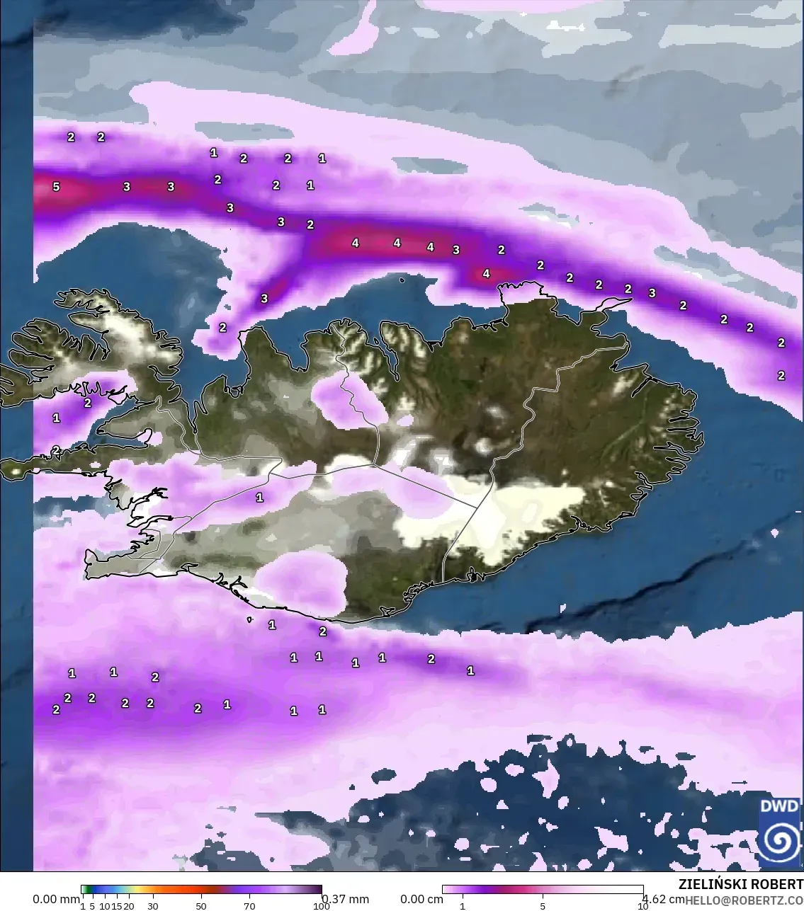 ICON modelo - Islandia, Precipitación, nubes y presión