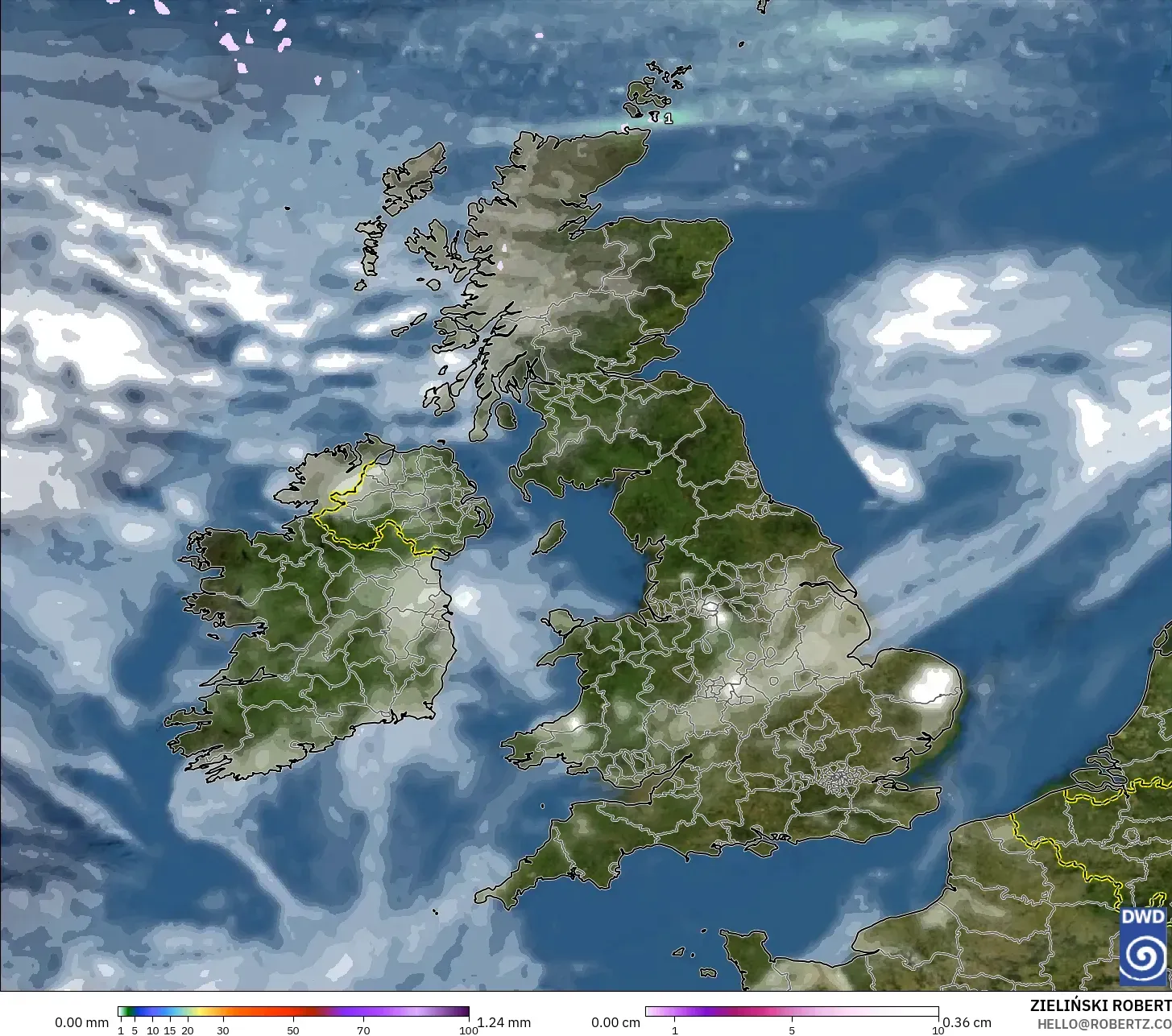 ICON modelo - Reino Unido, Precipitación, nubes y presión