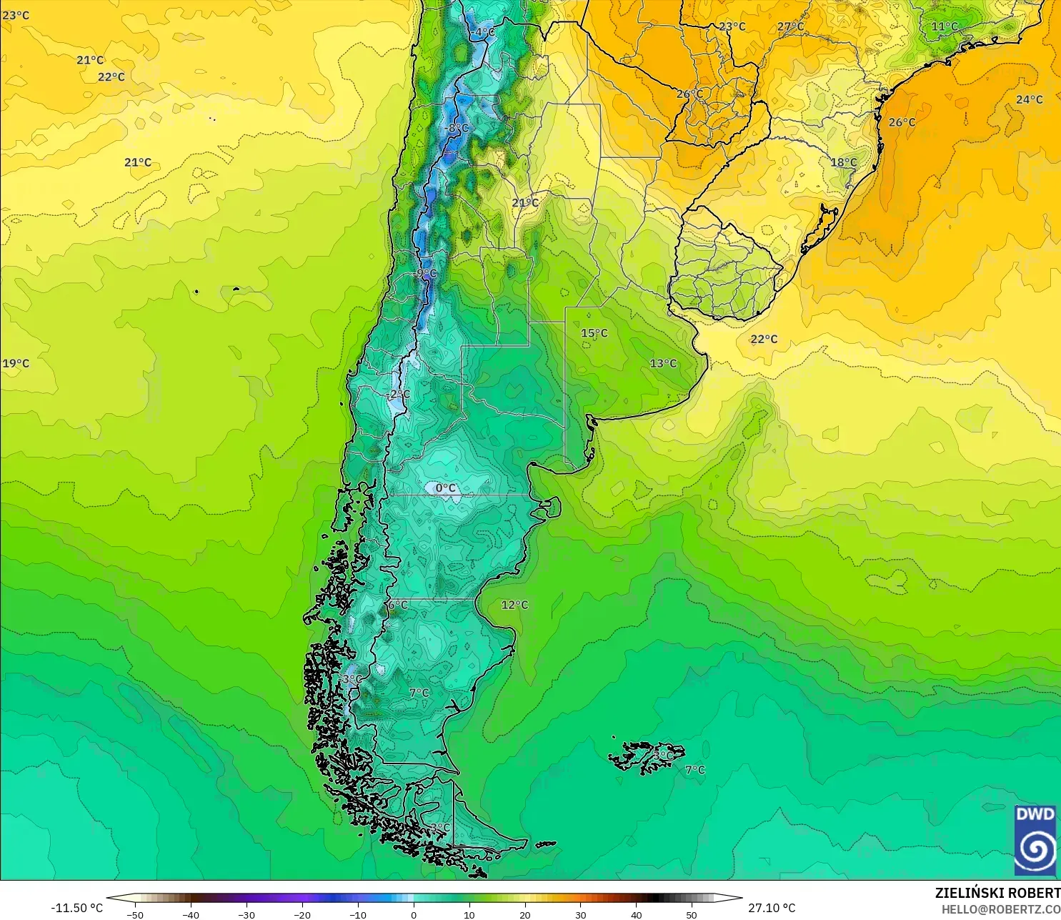 ICON modelo - Argentina, Temperatura a 2 m