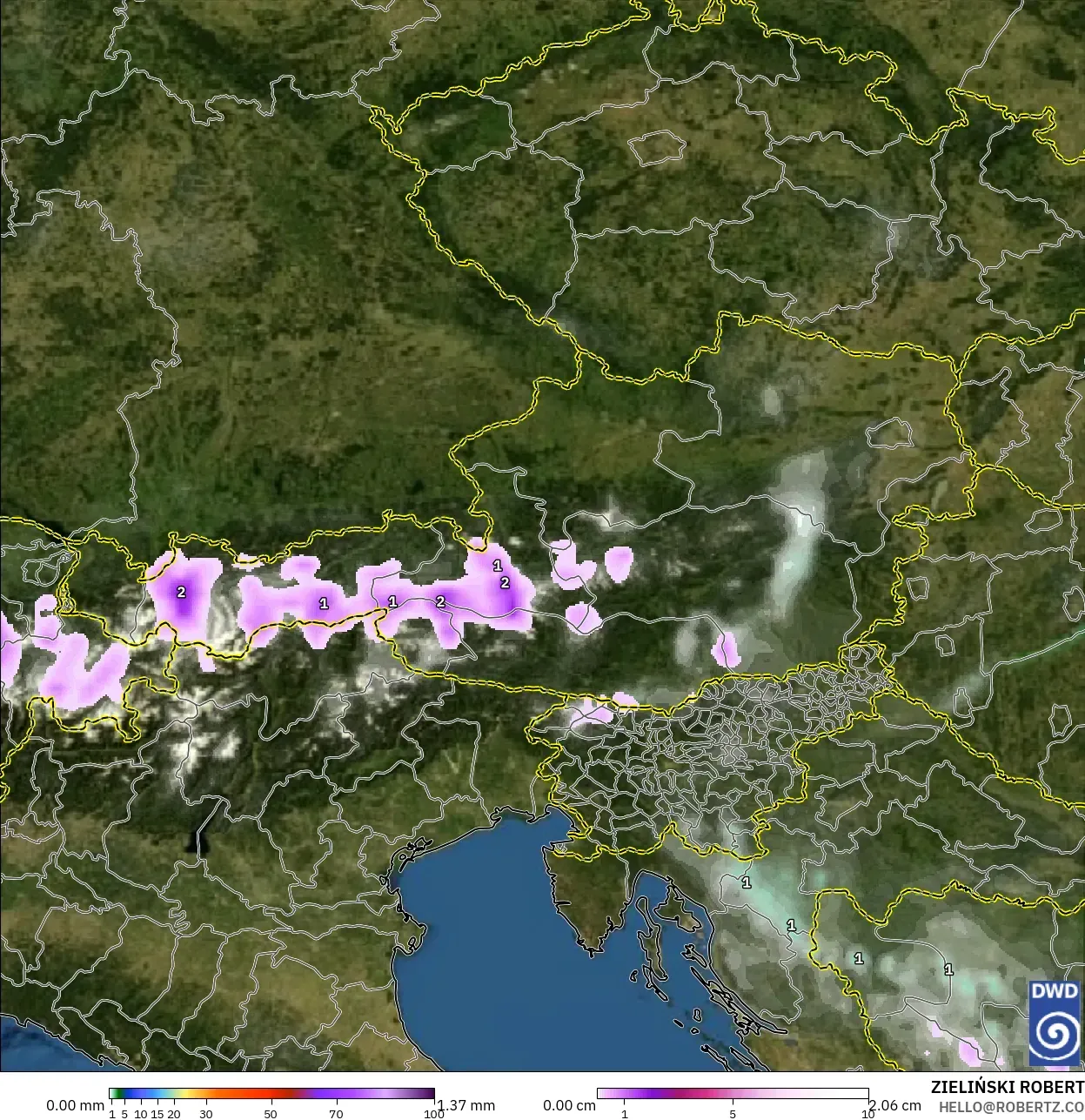 ICON modelo - Austria, Precipitación, nubes y presión