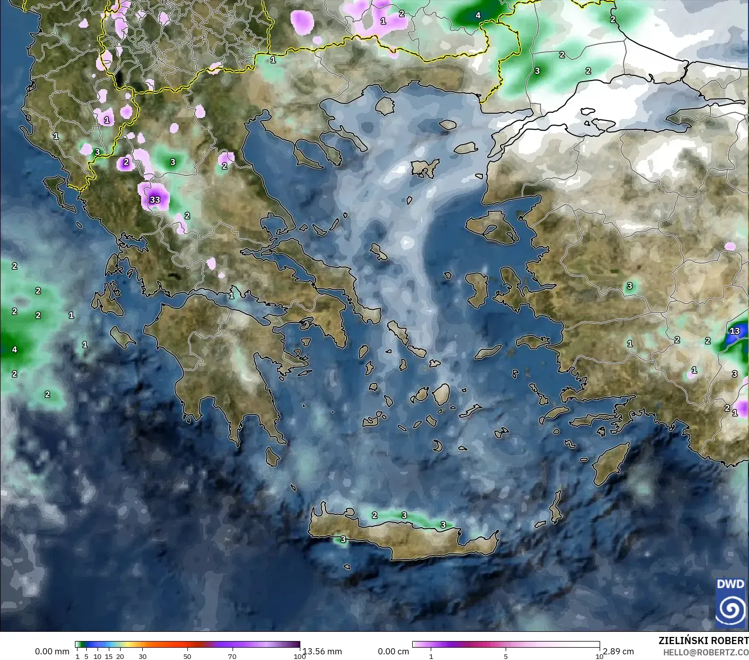 ICON modelo - Grecia, Precipitación, nubes y presión