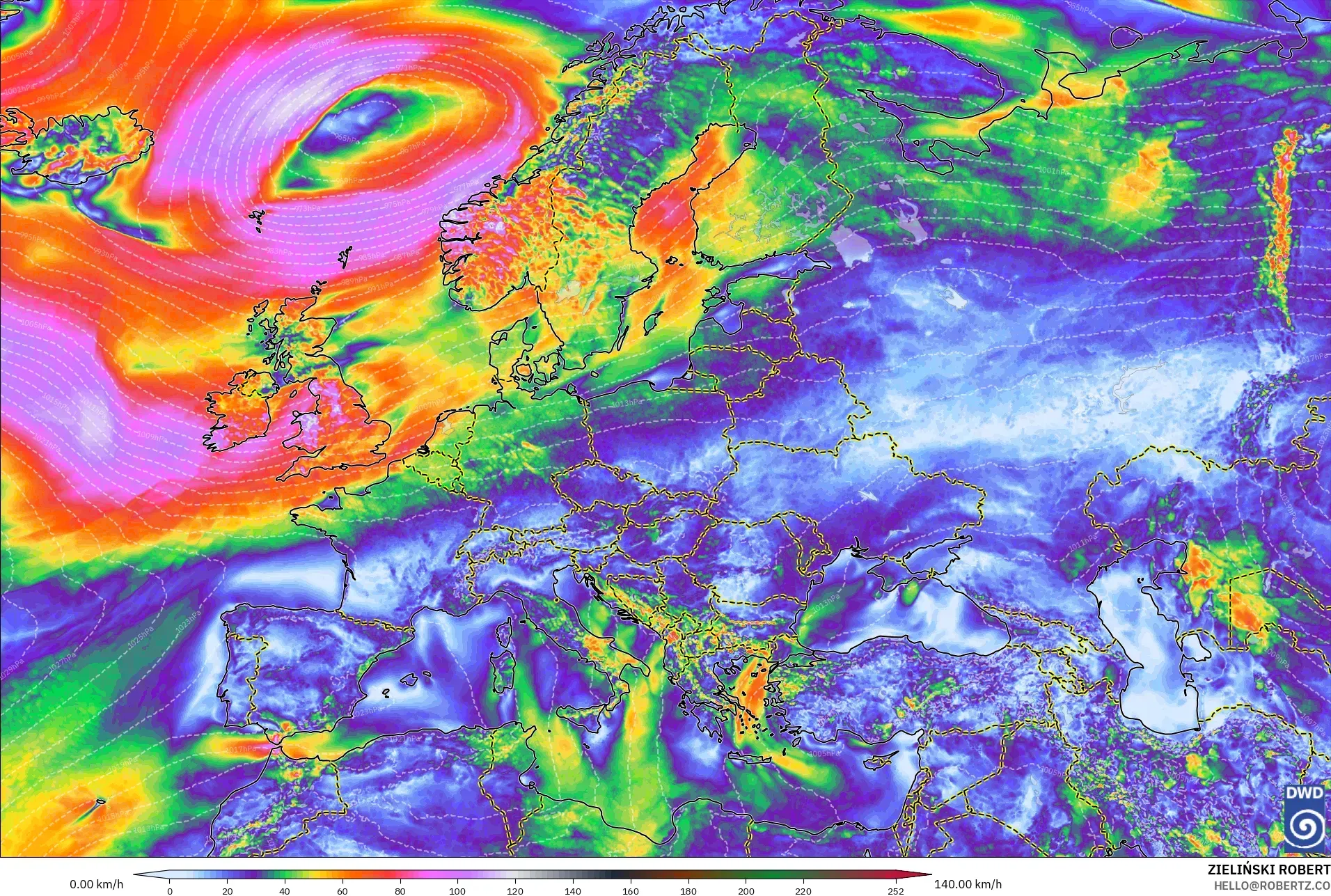 ICON modelo - Europa, Ráfagas de viento