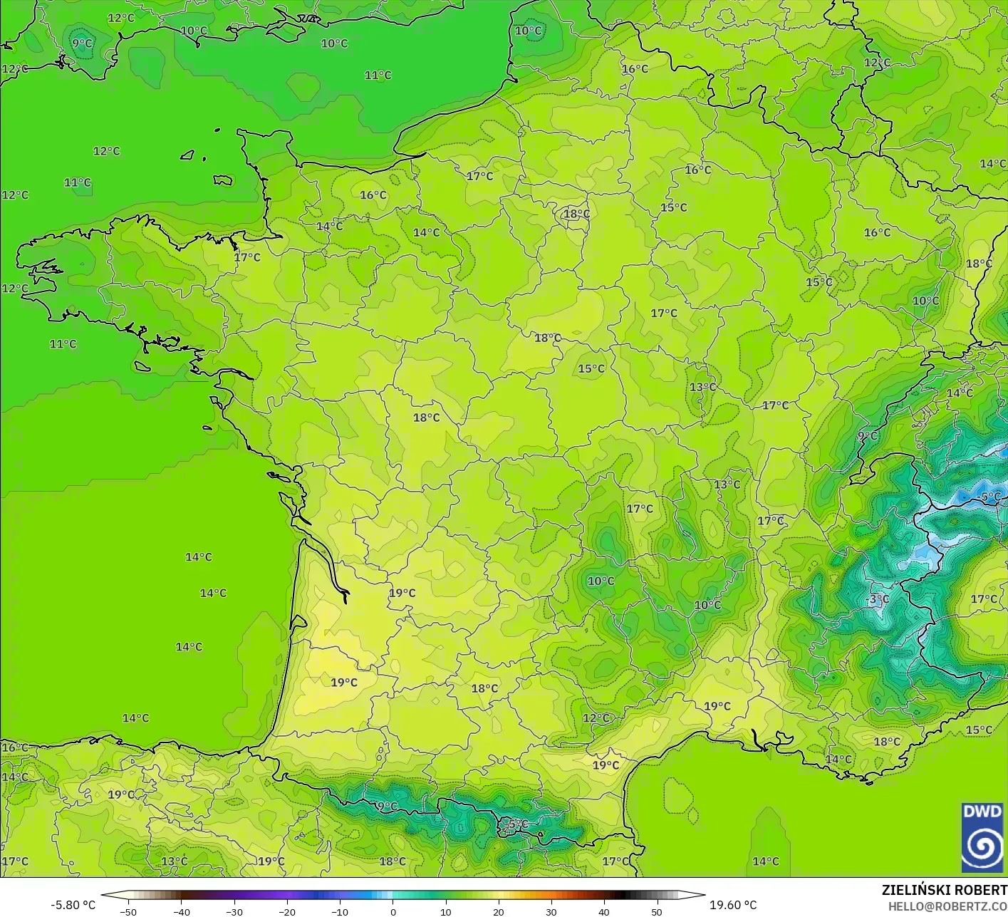 ICON modelo - Francia, Temperatura a 2 m