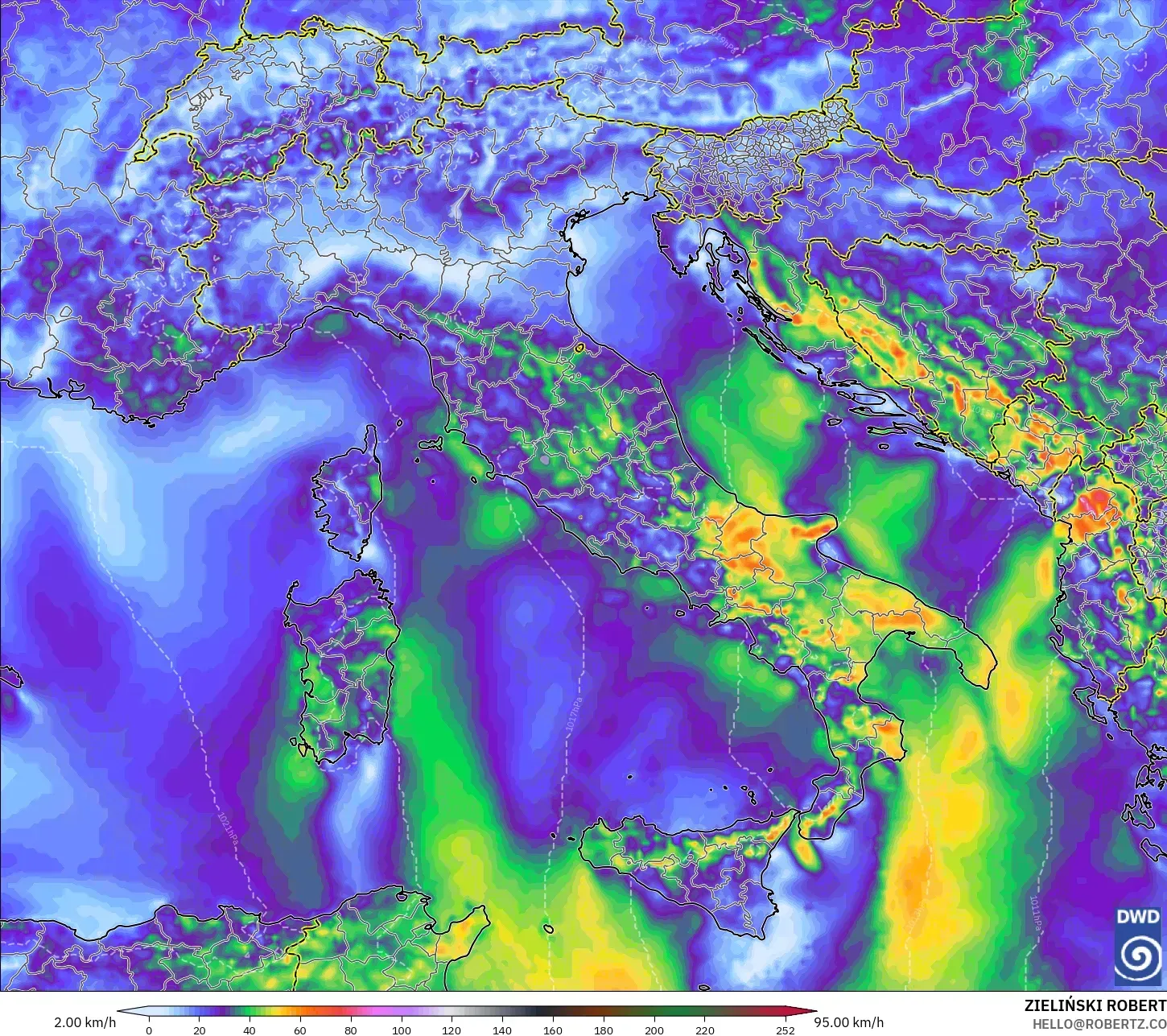 ICON modelo - Italia, Ráfagas de viento