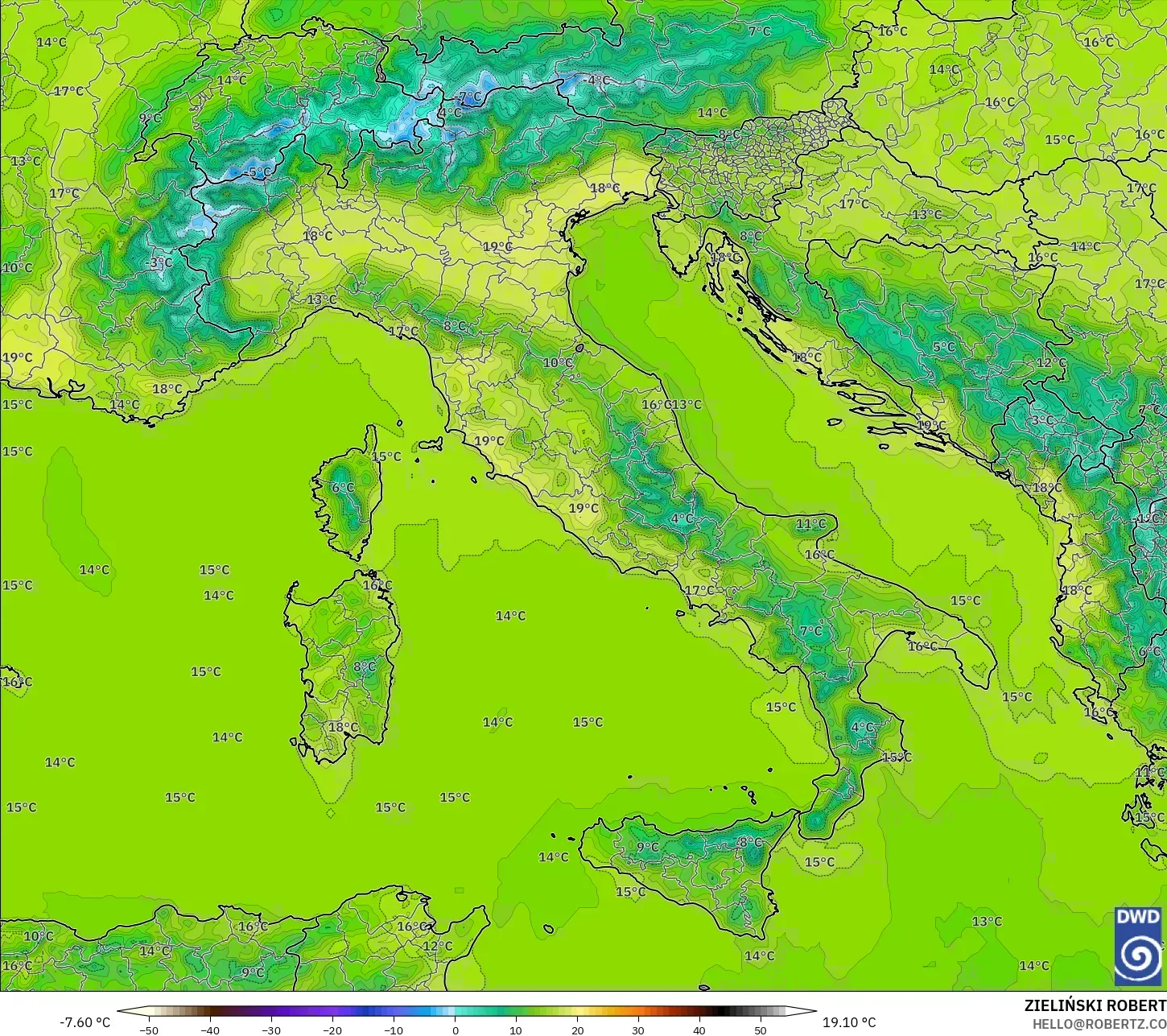 ICON modelo - Italia, Temperatura a 2 m