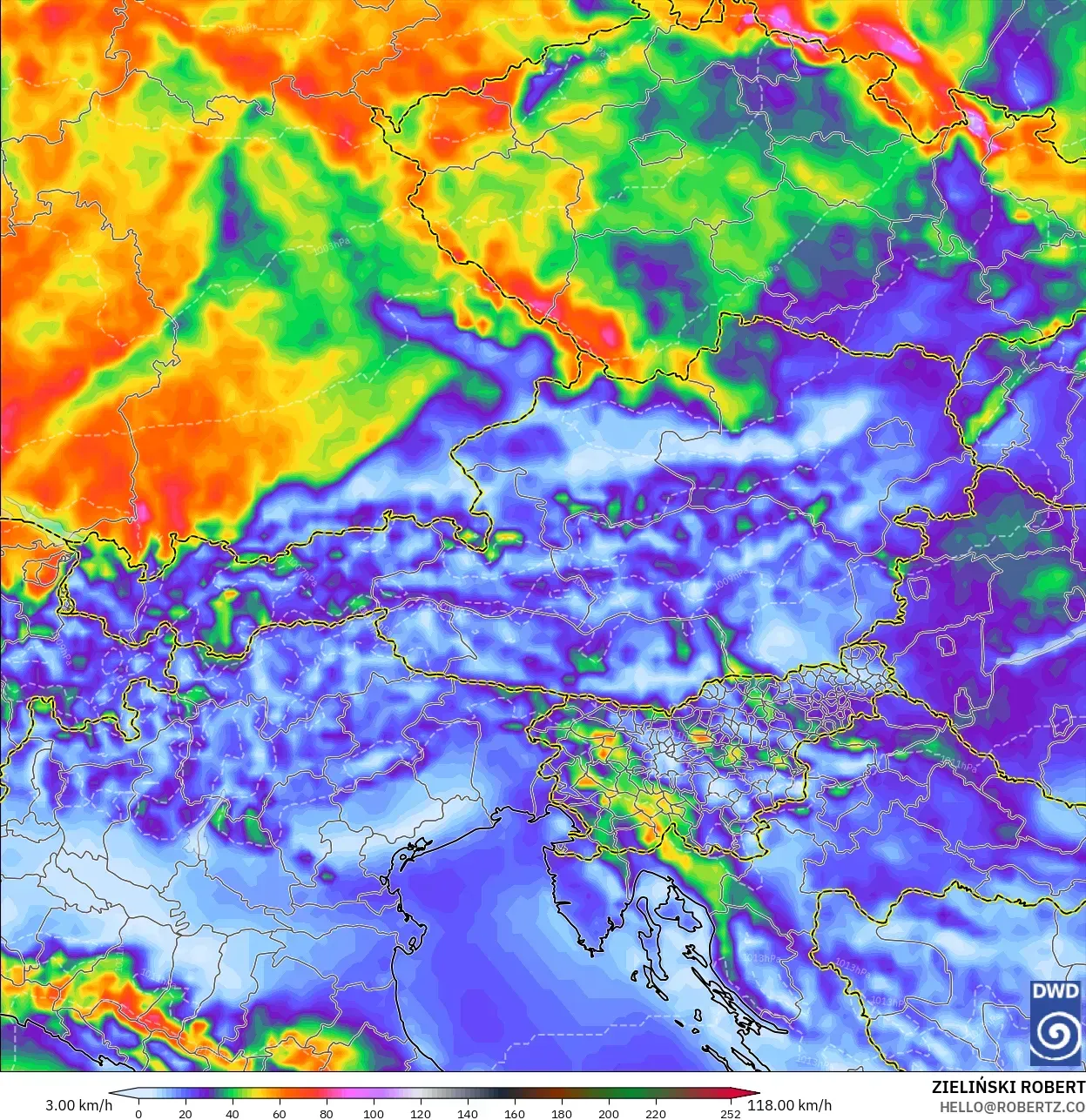 ICON modelo - Austria, Ráfagas de viento