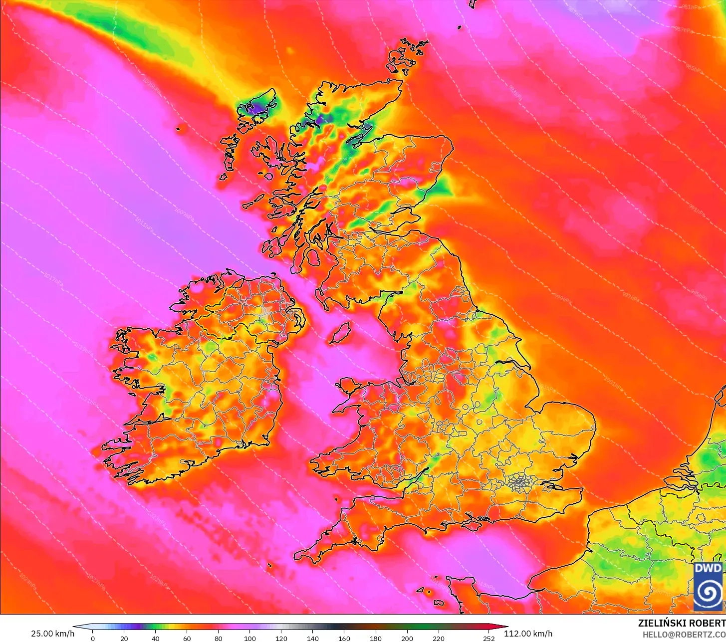 ICON modelo - Reino Unido, Ráfagas de viento