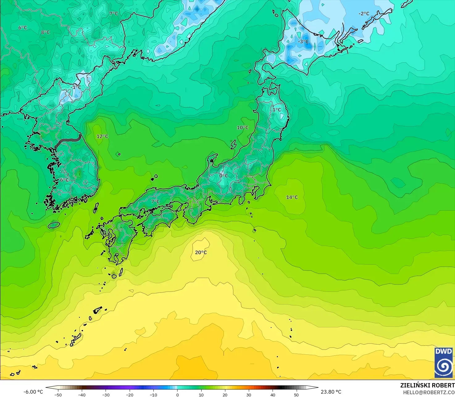 ICON modelo - Japón, Temperatura a 2 m