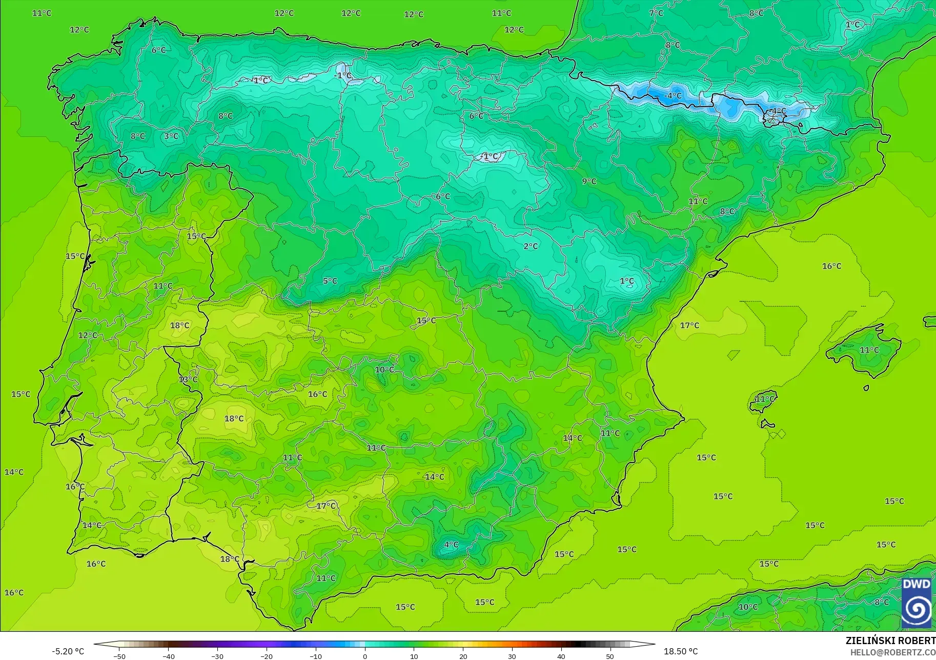 ICON modelo - España, Temperatura a 2 m