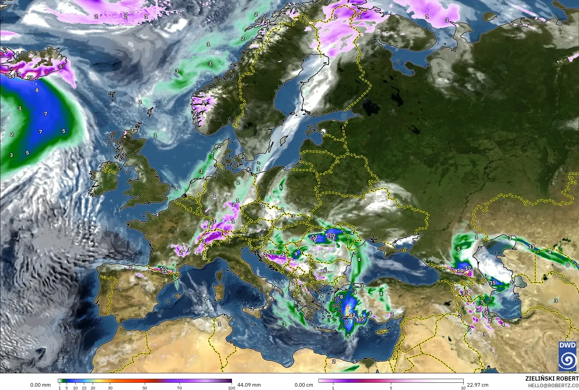 ICON modelo - Europa, Precipitación, nubes y presión