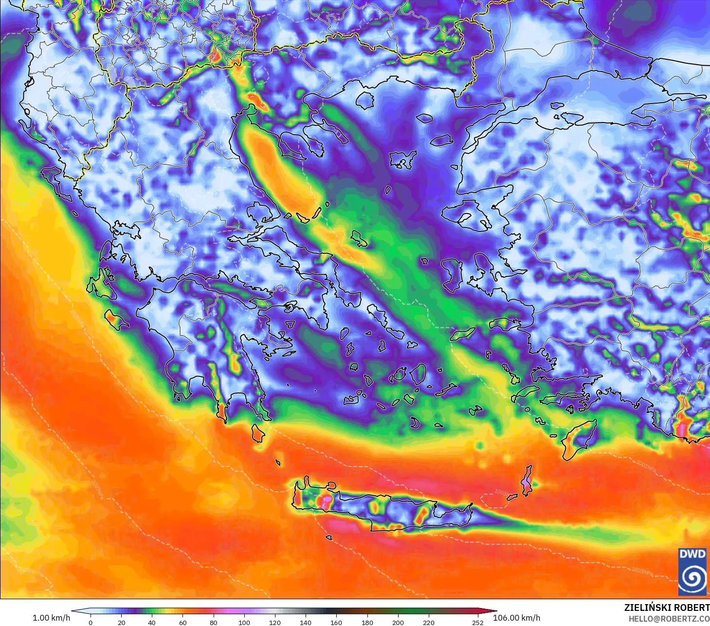 ICON modelo - Grecia, Ráfagas de viento