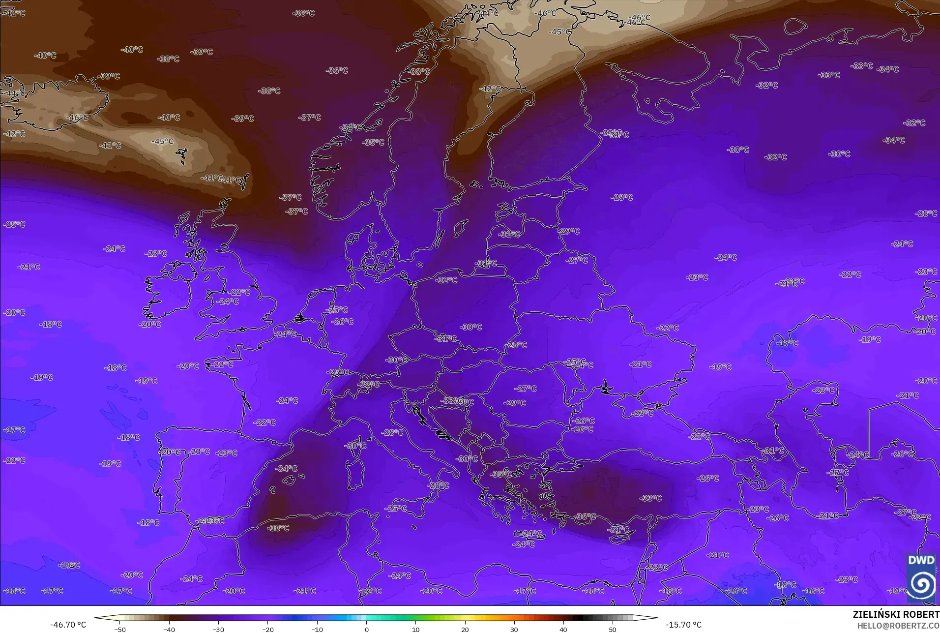 ICON modelo - Europa, Temperatura a 500 hPa