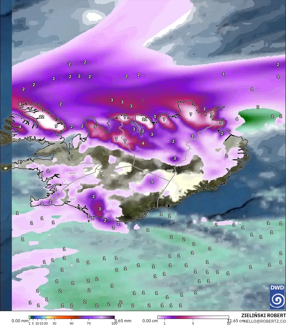 ICON modelo - Islandia, Precipitación, nubes y presión