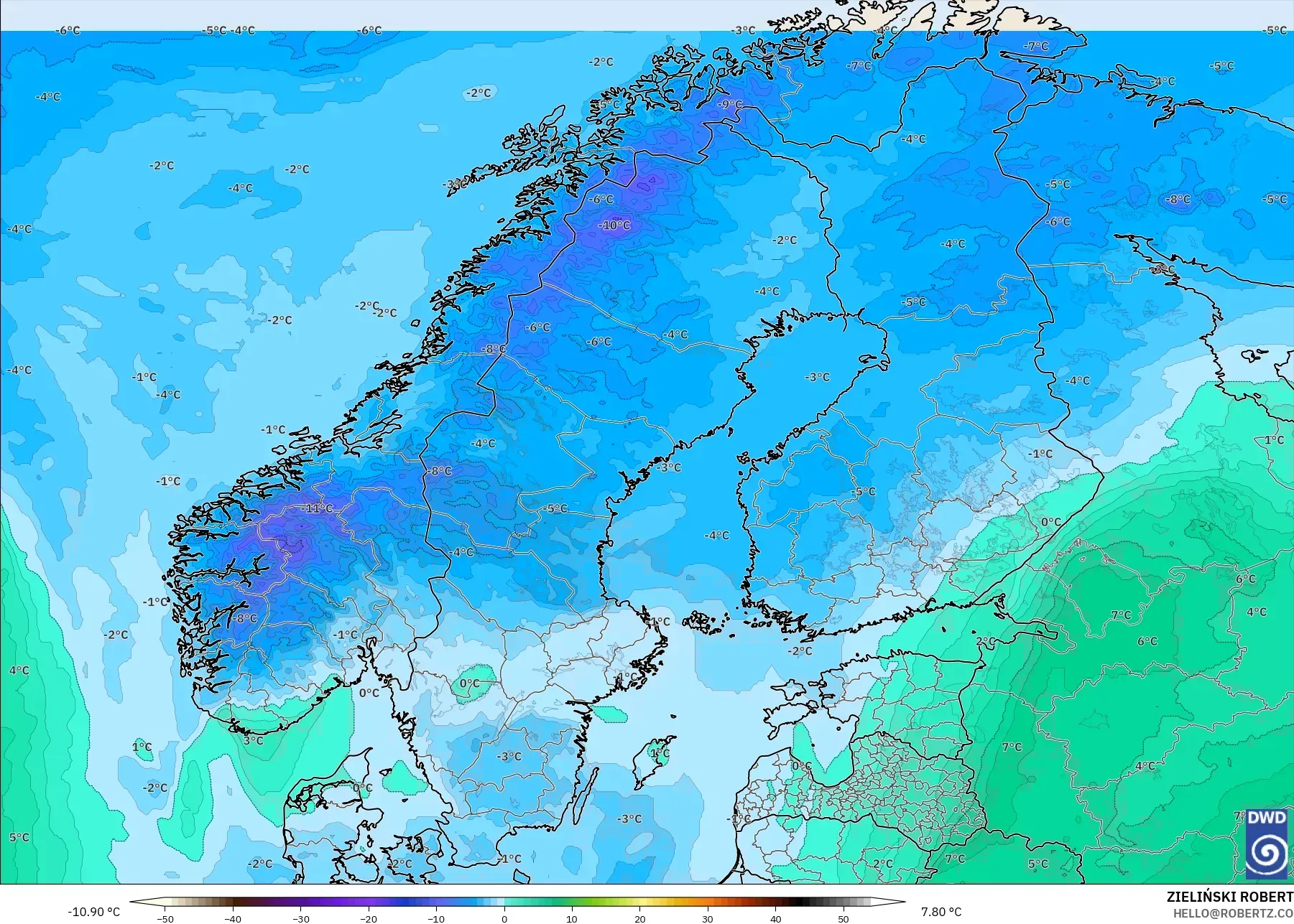 ICON modelo - Escandinavia, Temperatura a 850 hPa