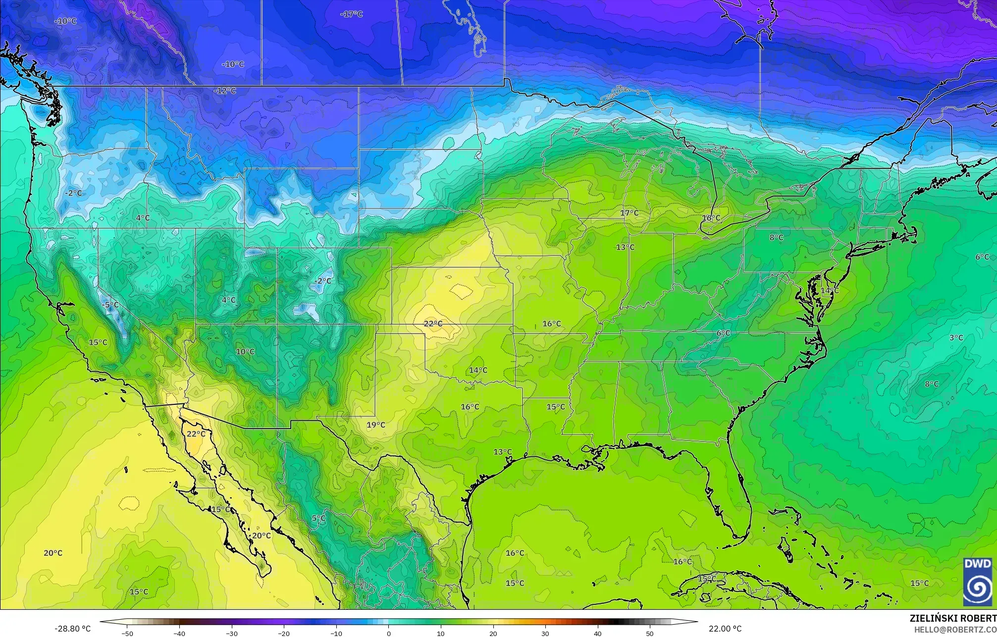ICON modelo - Estados Unidos, Temperatura a 850 hPa