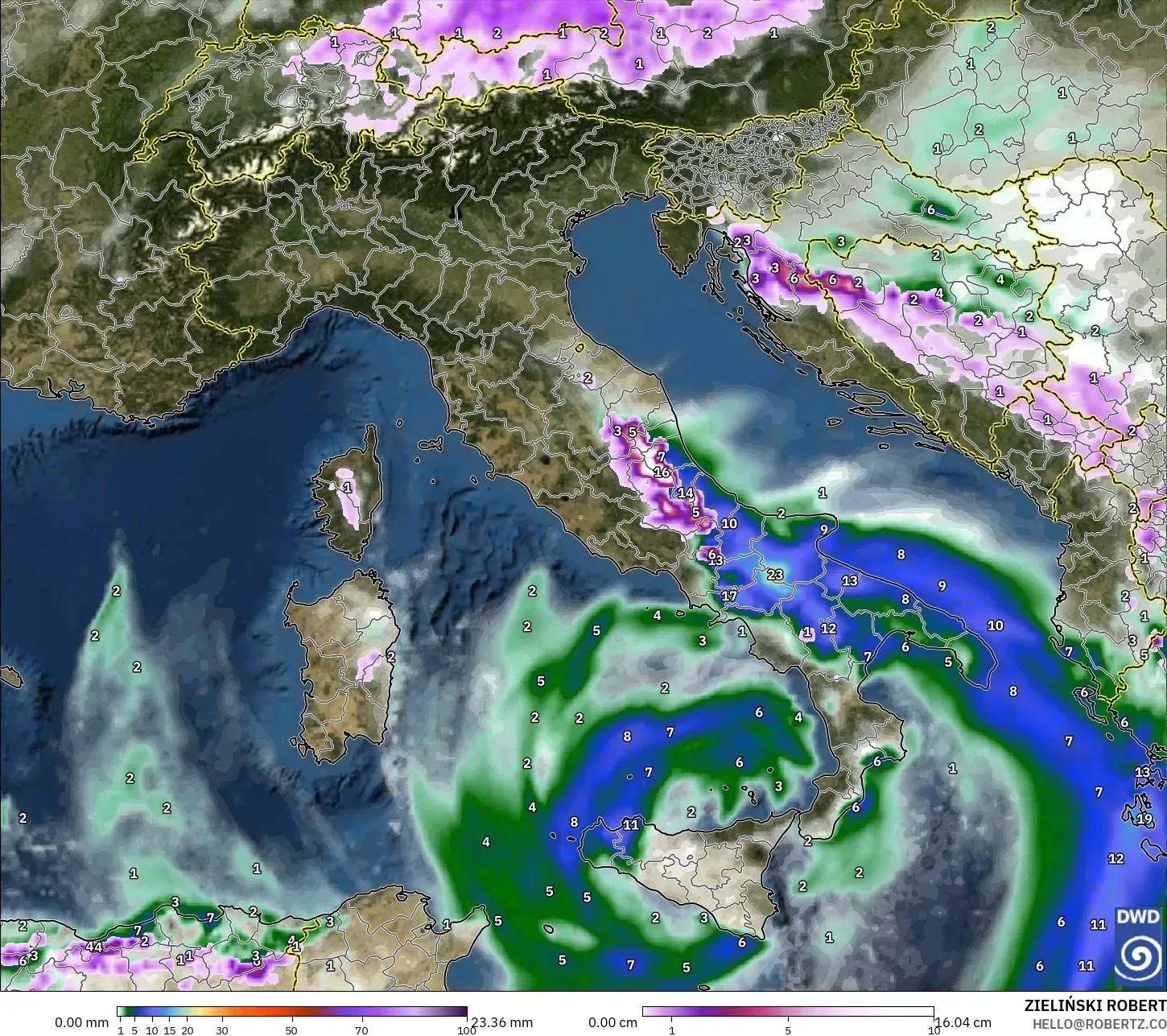 ICON modelo - Italia, Precipitación, nubes y presión