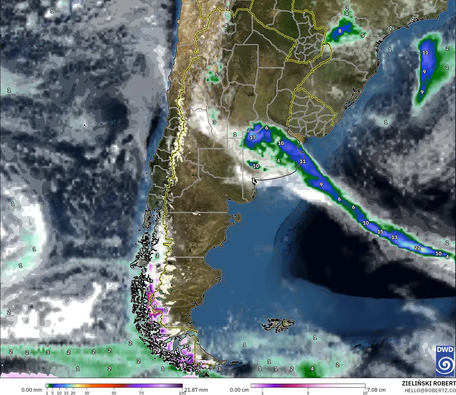 ICON modelo - Argentina, Precipitación, nubes y presión