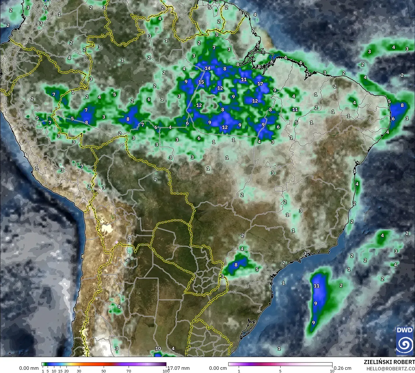 ICON modelo - Brasil, Precipitación, nubes y presión