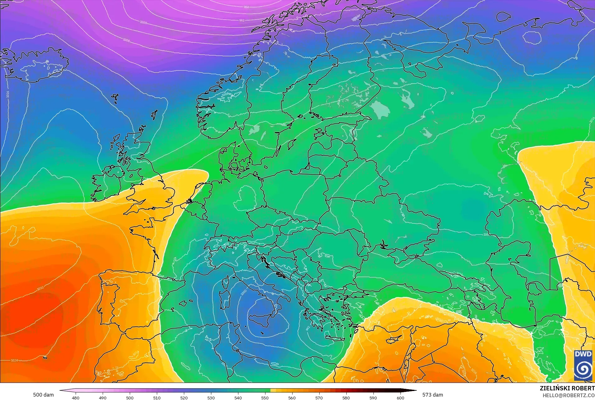 ICON modelo - Europa, Altura geopotencial a 500 hPa