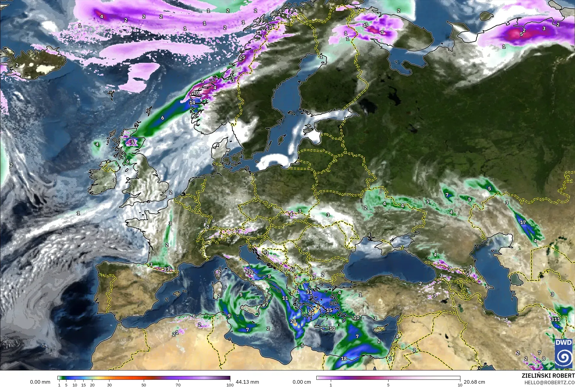 ICON modelo - Europa, Precipitación, nubes y presión