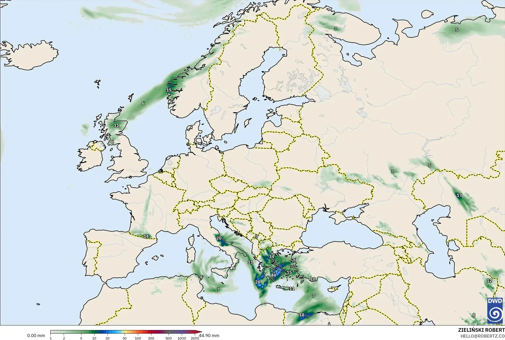 ICON modelo - Europa, Acumulación de precipitación
