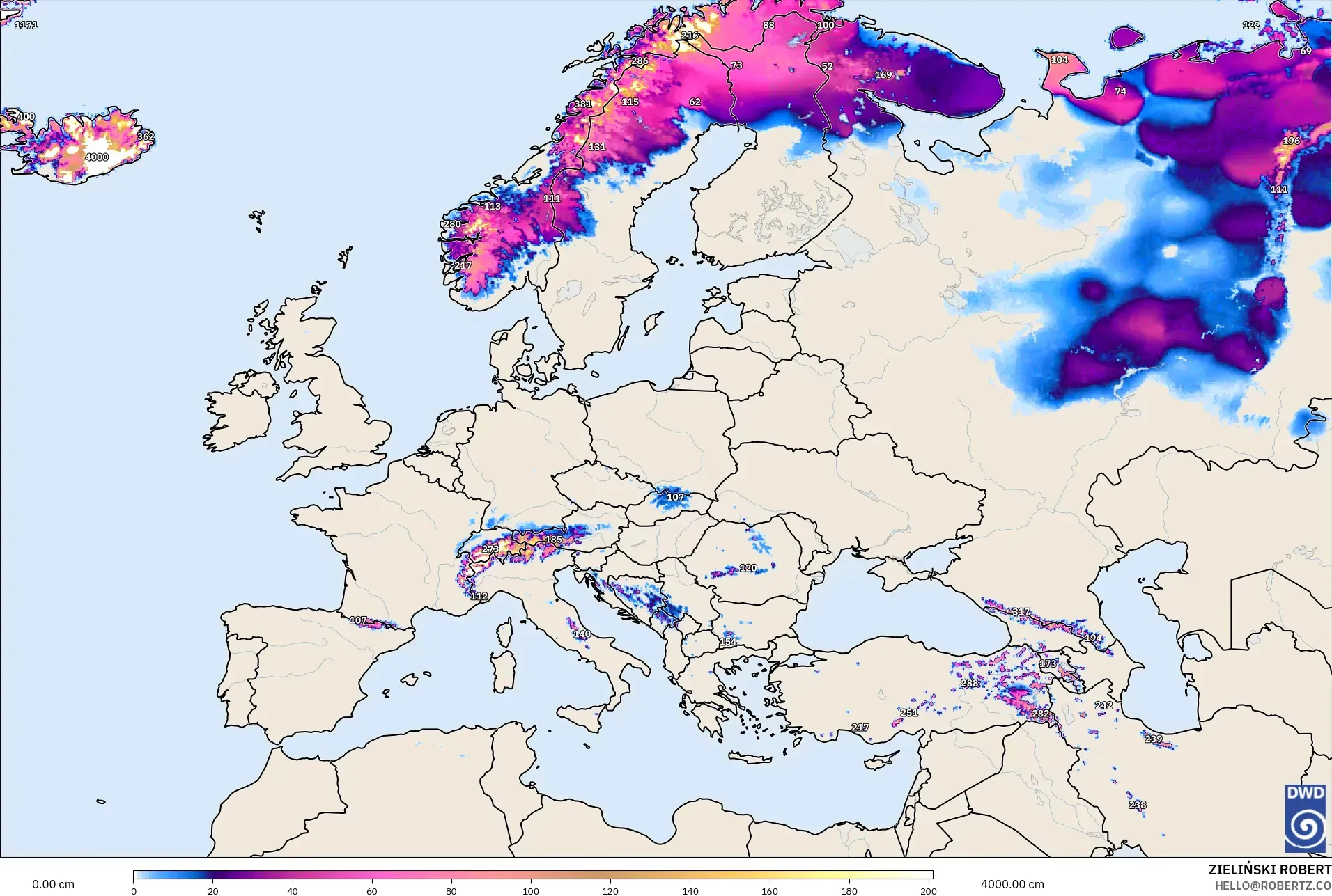 ICON modelo - Europa, Profundidad de nieve