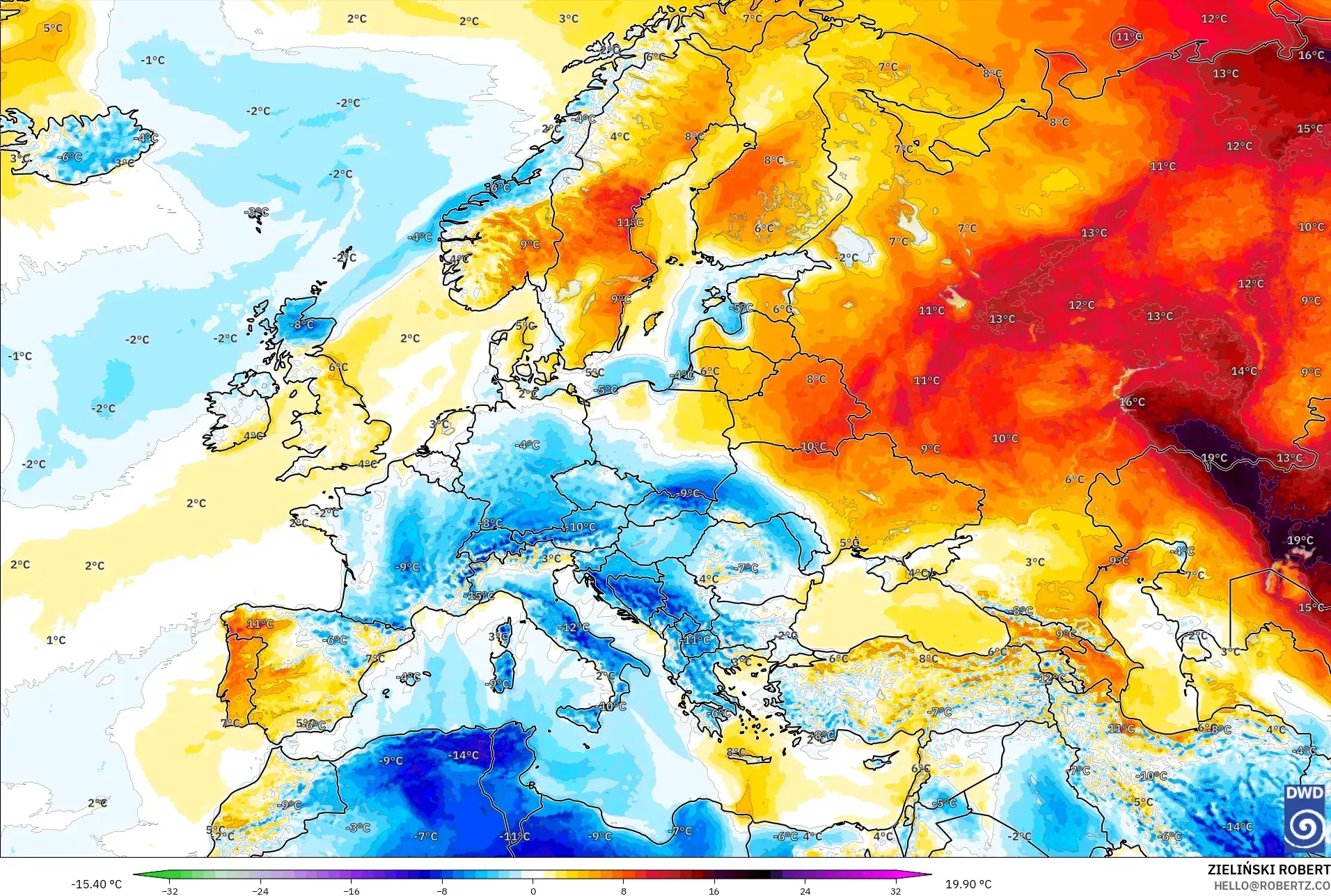 ICON modelo - Europa, Anomalía de temperatura a 2 m