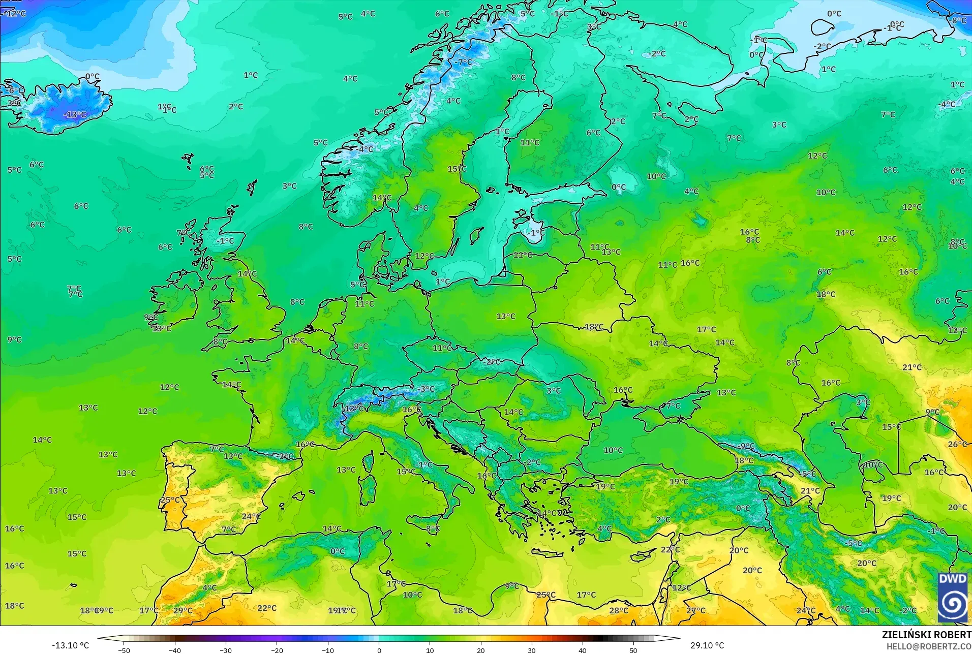 ICON modelo - Europa, Temperatura a 2 m