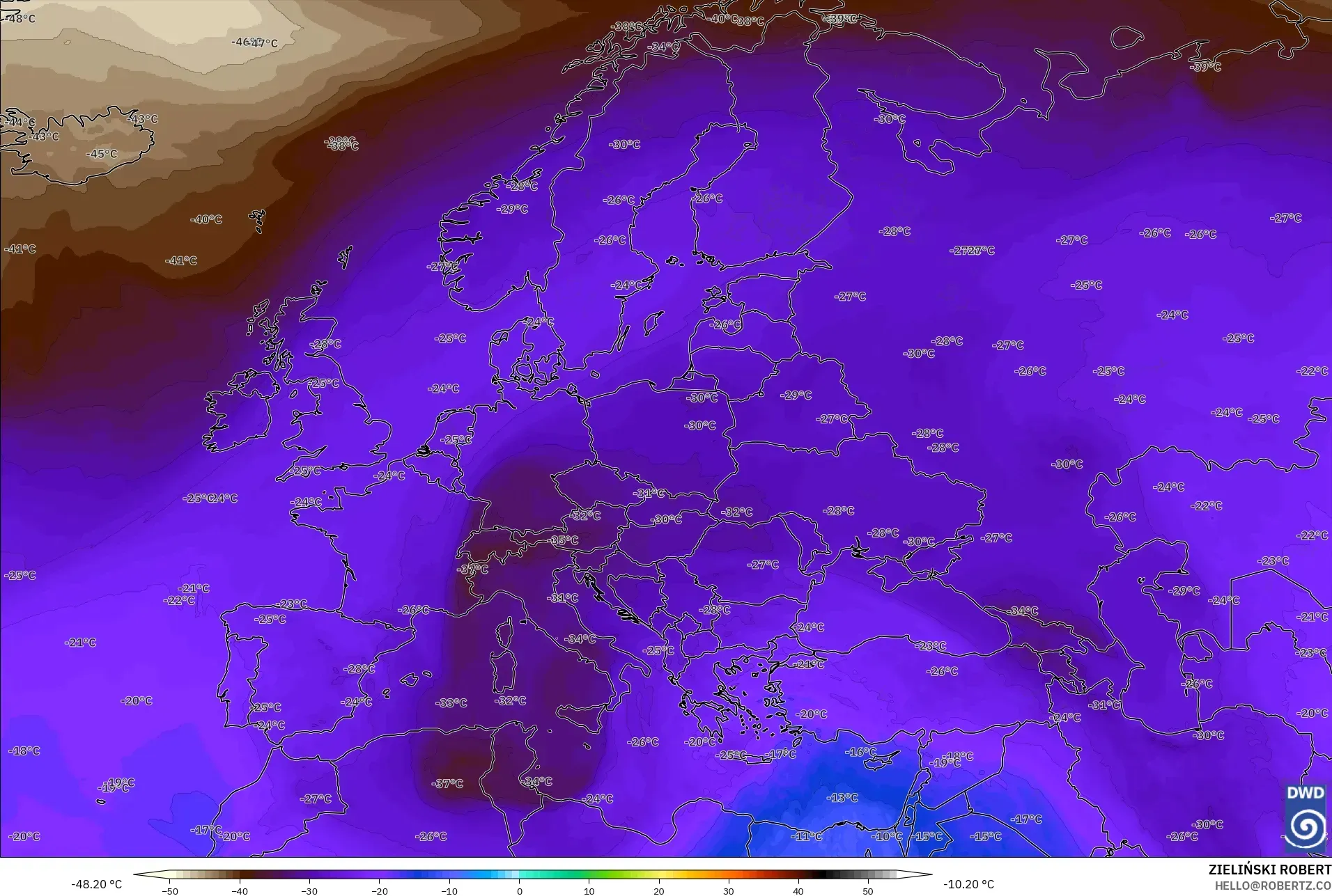 ICON modelo - Europa, Temperatura a 500 hPa