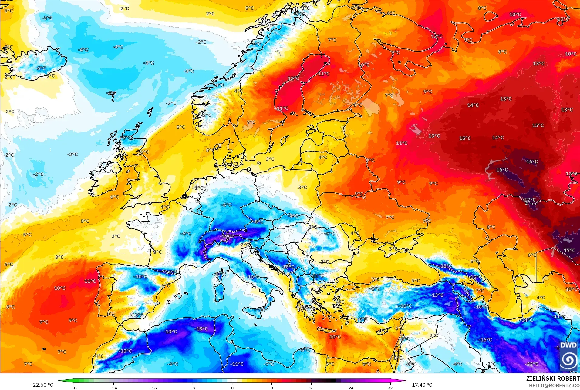 ICON modelo - Europa, Anomalía de temperatura a 850 hPa
