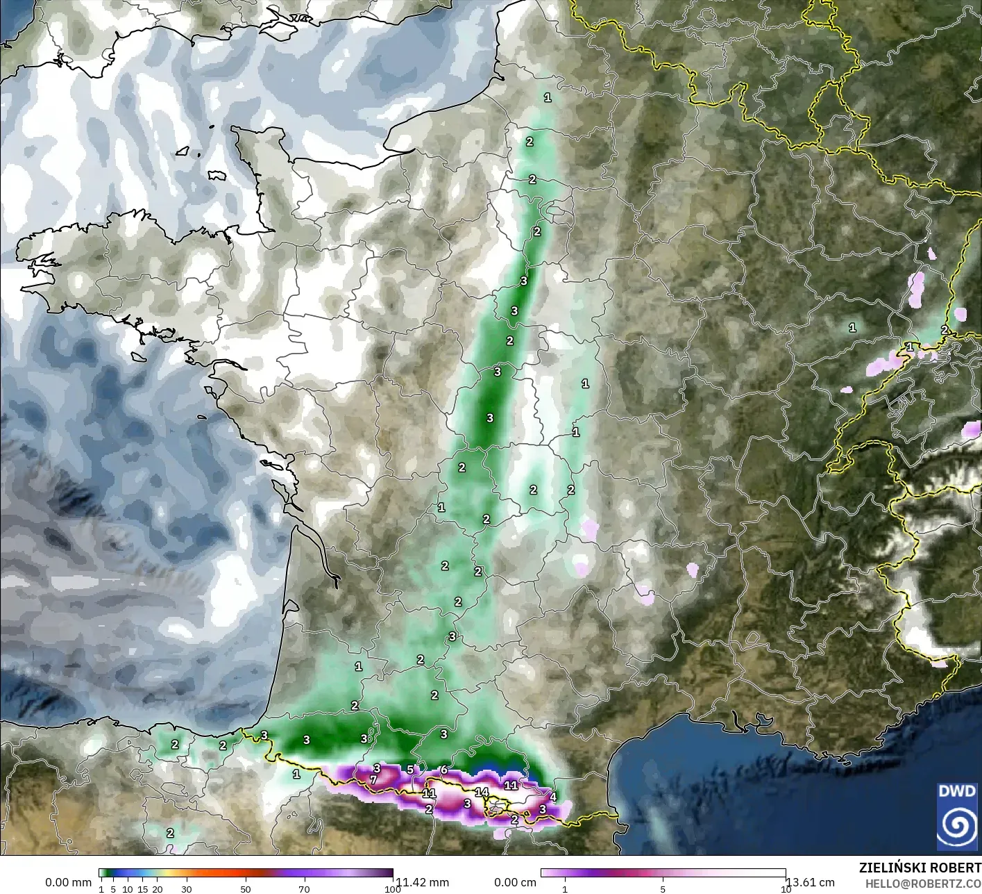 ICON modelo - Francia, Precipitación, nubes y presión