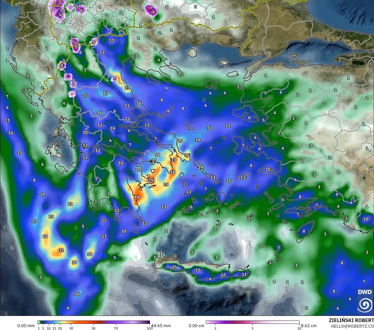 ICON modelo - Grecia, Precipitación, nubes y presión
