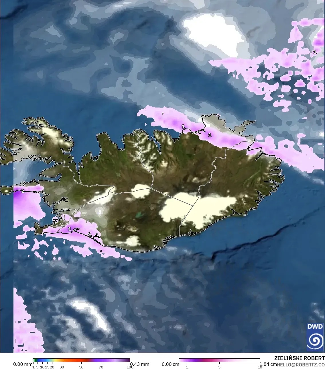 ICON modelo - Islandia, Precipitación, nubes y presión