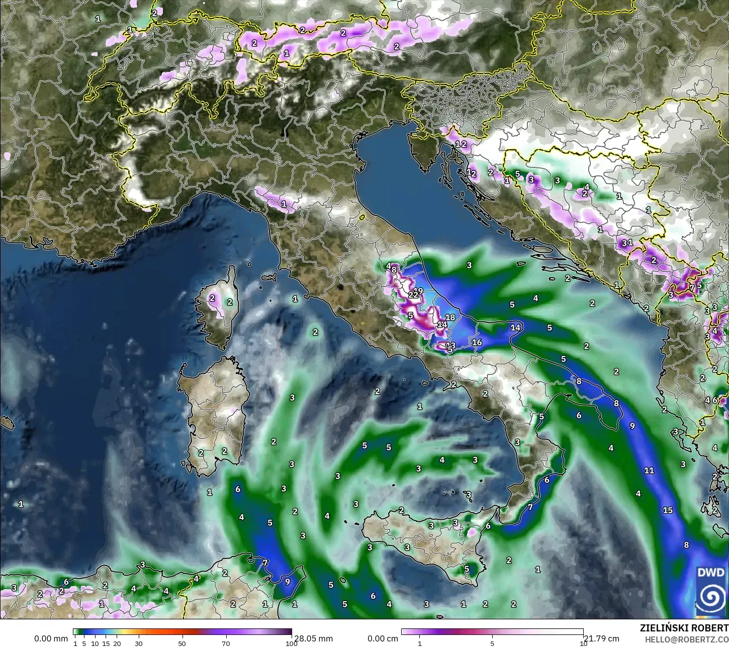 ICON modelo - Italia, Precipitación, nubes y presión