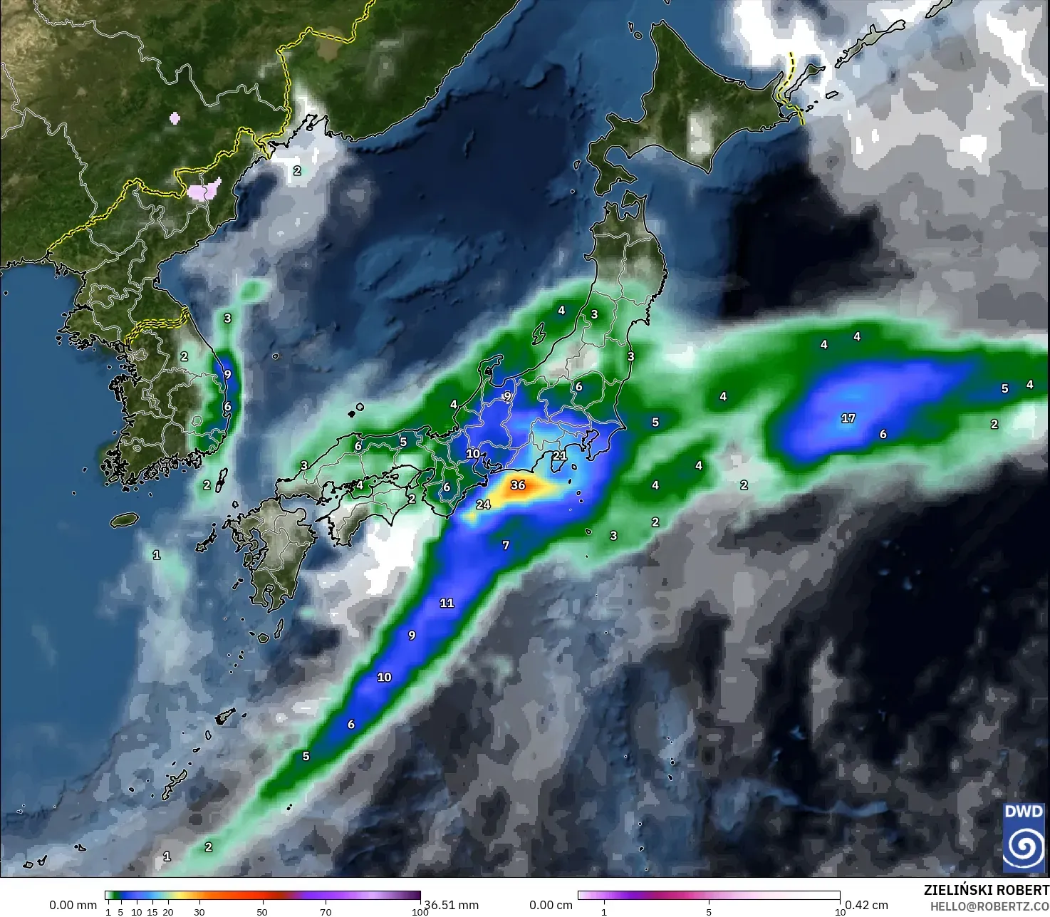 ICON modelo - Japón, Precipitación, nubes y presión