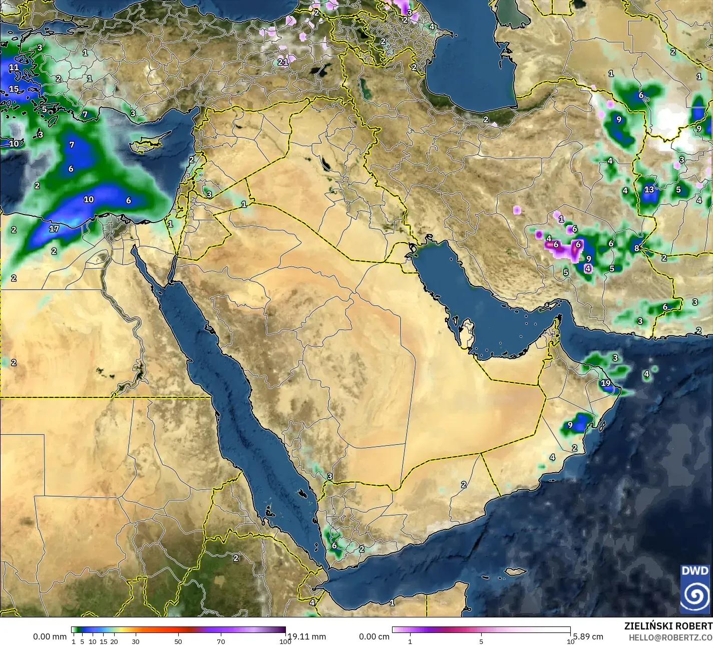 ICON modelo - Oriente Medio, Precipitación, nubes y presión
