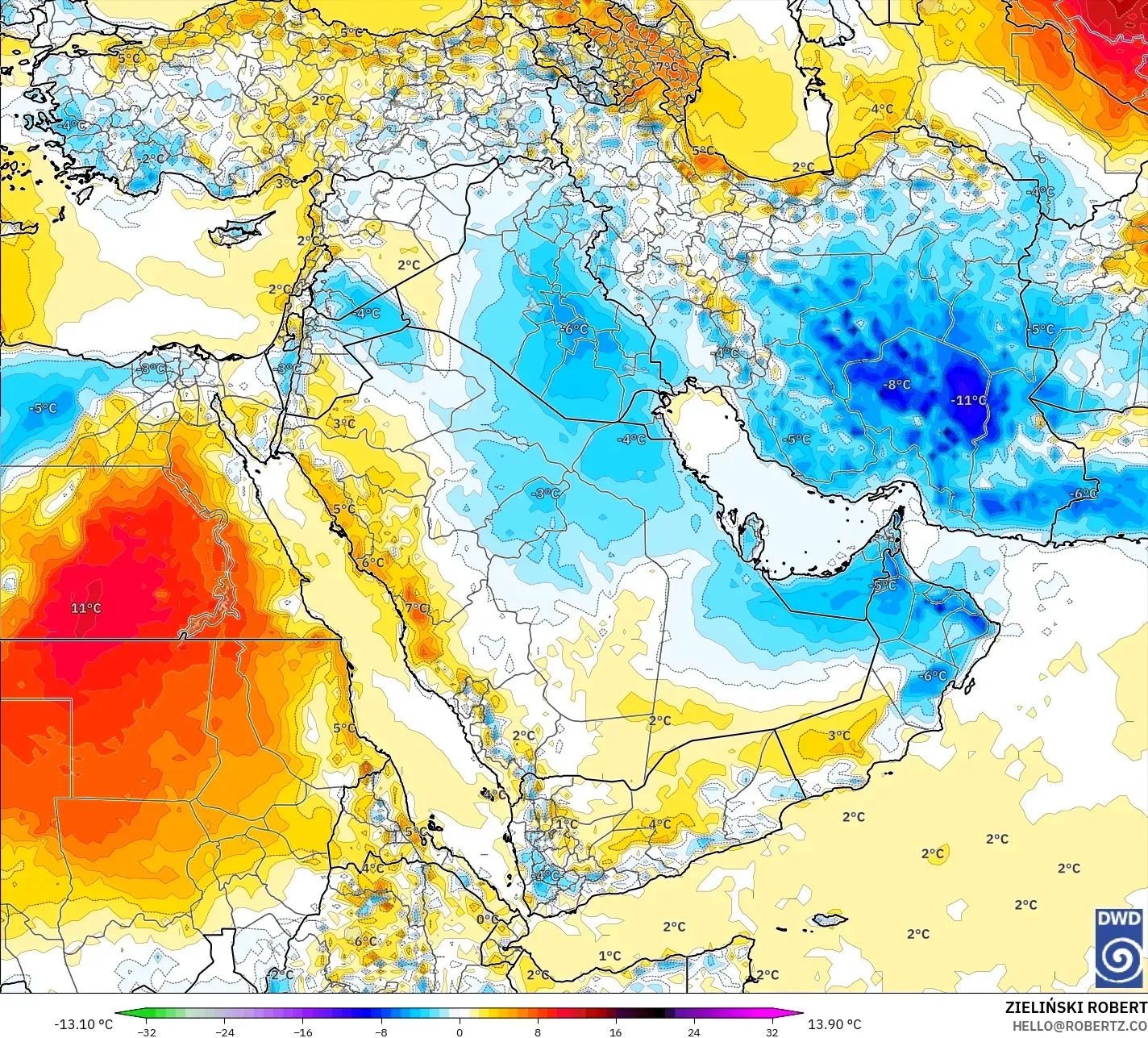 ICON modelo - Oriente Medio, Anomalía de temperatura a 2 m