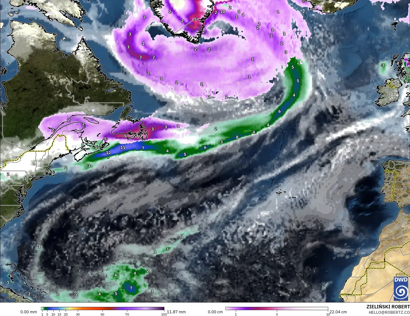 ICON modelo - Norte Atlántico, Precipitación, nubes y presión