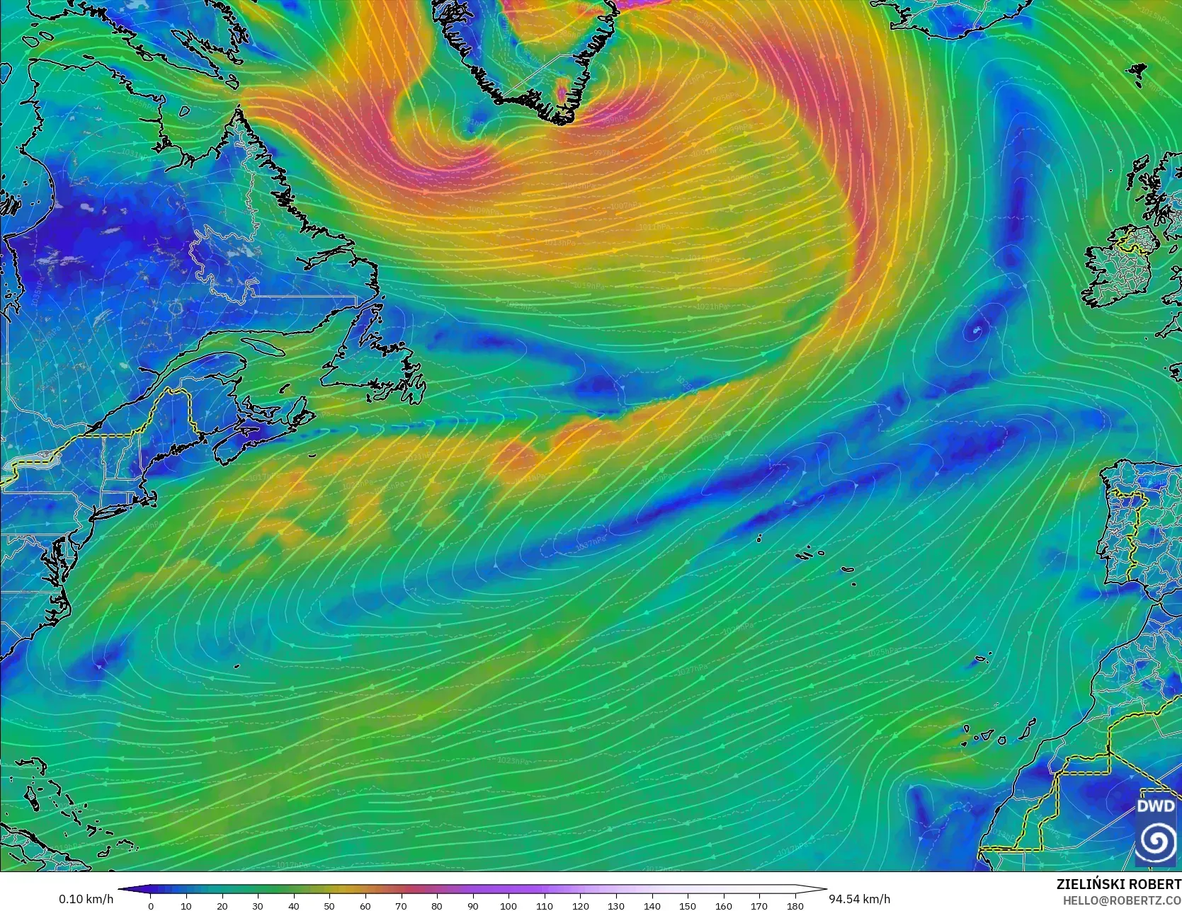 ICON modelo - Norte Atlántico, Viento a 10 m